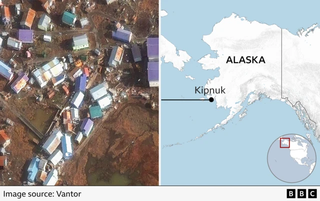 (left) A satellite image showing the destruction at Kipnuk, Alaska, and (right) a map showing its location in the state