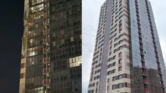 The damaged building - seen on the left - matches with one we found on Google Maps (right)