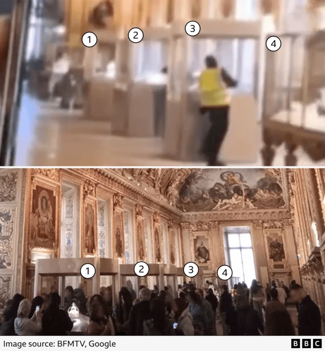 Graphic comparing display cabinets seen in the footage taken which apparently shows the robbery in progress and reference images posted on Google