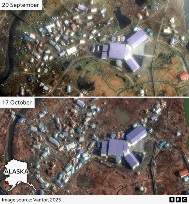 Another set of satellite imagery from (top) 29 September and (bottom) 17 October showing Kipnuk before and after the storm