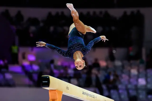 Ruby Evans of Great Britain competes on the balance beam
