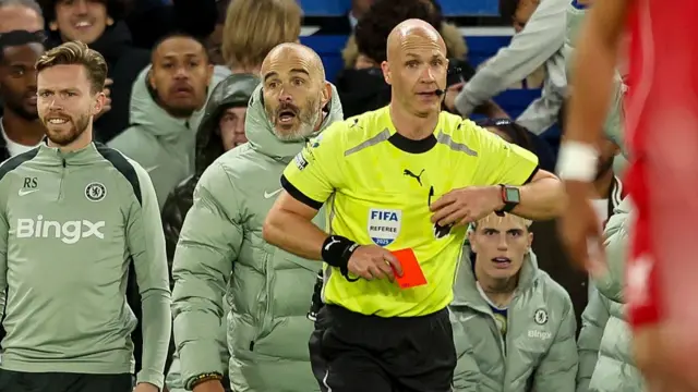 Anthony Taylor awards Enzo Maresca a red card