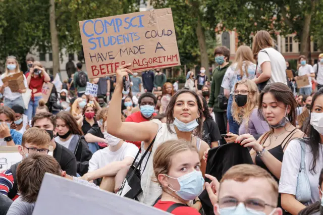 Youth protests at Parliament square against a new exam rating system which has been introduced in British education system - London, England on August 16. Nearly 280 thousand students saw their A-Level grades downgraded after the introduction of the controversial award model Ofqual. 5 million GCSEs will be awarded using this algorithm. Protesters say Ofqual privileges private schools and downgrades students of less privileged backgrounds. (Photo by Dominika Zarzycka/NurPhoto via Getty Images)