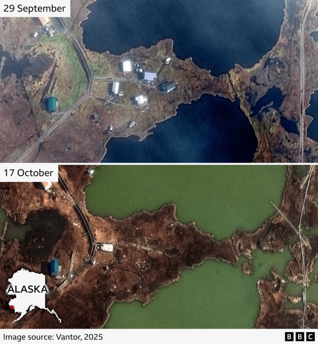 A comparison of satellite images showing the south of the village before the storm (top) and after (bottom)