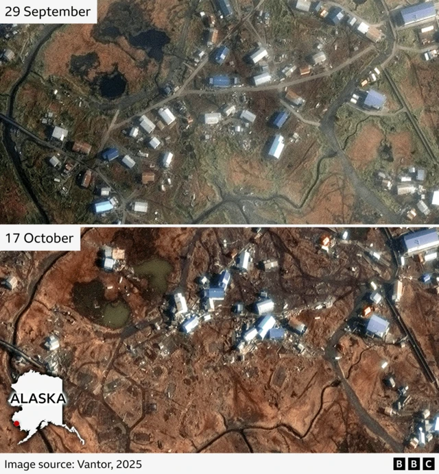 A comparison of satellite images showing the centre of the village before the storm (top) and after (bottom)