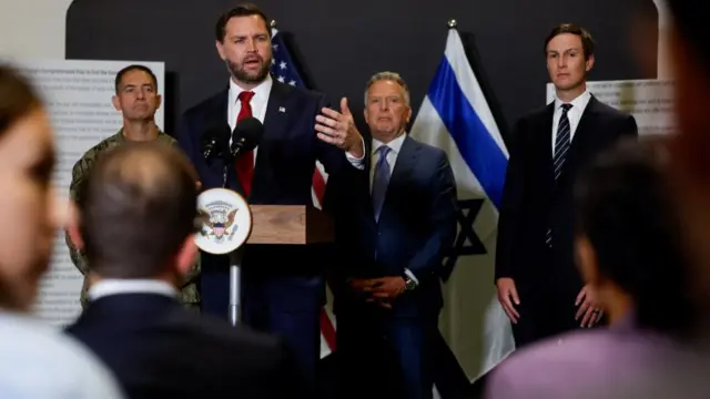 U.S. Vice President JD Vance speaks to members of the media next to U.S. Special Envoy to the Middle East Steve Witkoff and Jared Kushner