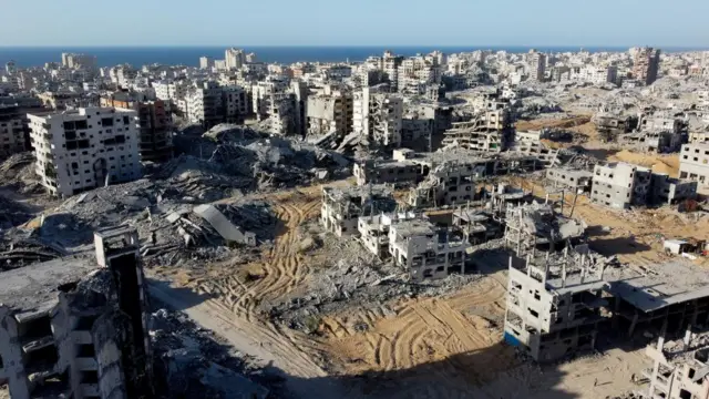 A drone view shows the destruction in a residential neighborhood, after the withdrawal of the Israeli forces from the area, amid a ceasefire between Israel and Hamas in Gaza, in Gaza City