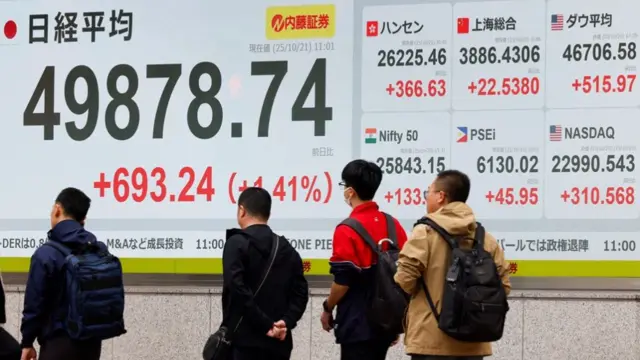 Backview of men wearing backpacks walking in front of a large screen showing the Nikkei index. The number 49878.74 is displayed on the screen.