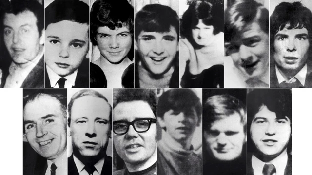 A collage of black and white photographs of the 13 people killed on Bloody Sunday.