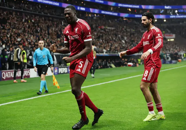 Ibrahima Konate celebrates scoring for Liverpool
