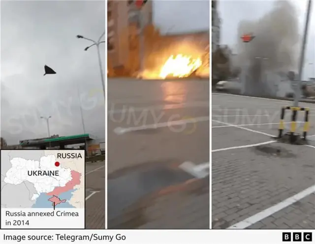 Screenshots taken from the video showing the drone in the air and then a large explosion when it hits the ground