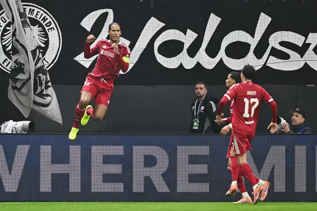 Virgil van Dijk celerbates after scoring for Liverpool