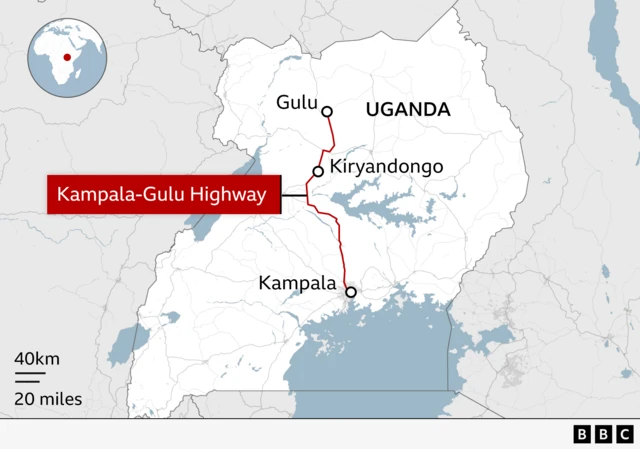 A map marking the location of the crash in Kiryandongo in Uganda, about two thirds of the way to Gulu along the Kampala-Gulu highway to the north of Kampala