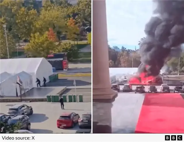 Two screenshots from a video. One shows armed security outside a large white tent and another shows the tent on fire.