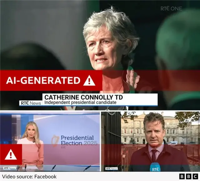 A graphic with three panels from the AI report. One sows Catherine Connolly speaking with an RTE strap identifying her. Another shows a newsreader in a studio with RTE branding and a third shows a reporter standing outside in front of a building and holding an RTE microphone.