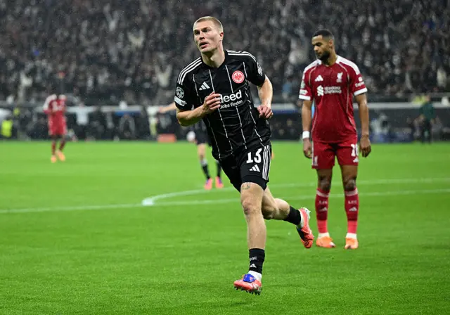 Rasmus Kristensen of Eintracht Frankfurt celebrates scoring his team's first goal