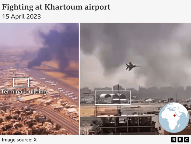 A graphic of two images of Khartoum airport from 15 April 2023. The first shows the tarmac and runway with two large plumes of smoke coming from them. The second shows a fighter jet flying low over the terminal building as plums of smoke are visible in the background.
