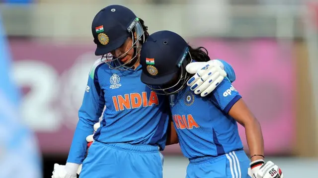Pratika Rawal of India is congratulated by team mate Smriti Mandhana