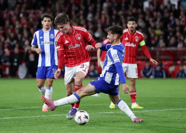 FC Porto's Martim Fernandes concedes a penalty against Nottingham Forest's Nicolo Savona