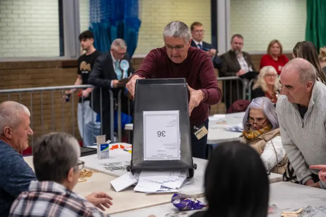 A man empties a box full of voting slips on the table as counters look on
