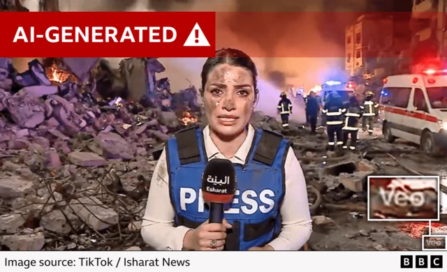 A screengrab from the AI video what appears to be a reporter standing in front of a pile of rubble with an AI-generated warning label in the corner