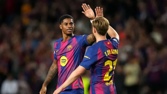 Marcus Rashford of FC Barcelona celebrates with teammate Frenkie de Jong