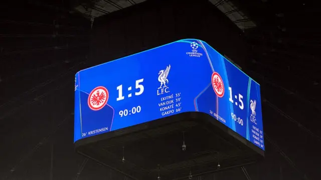 Scoreboard showing Eintracht Frankfurt 1-5 Liverpool