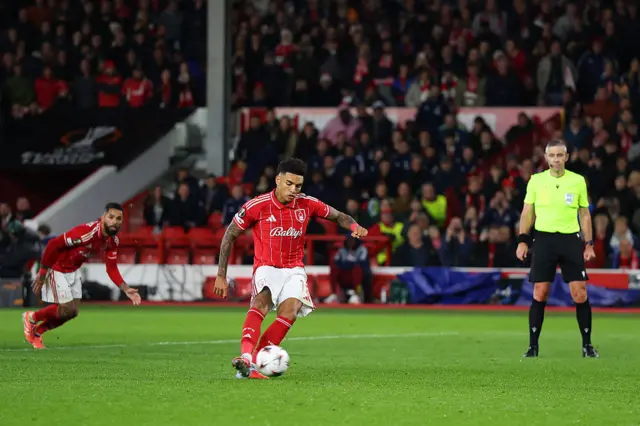 Igor Jesus scores a penalty for Nottingham Forest against Porto at the City Ground.