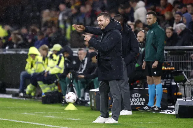 Go Ahead Eagles coach Melvin Boel reacts during the UEFA Europa League match between Go Ahead Eagles and Aston Villa FC at De Adelaarshorst in Deventer, Netherlands, 23 October 2025.
