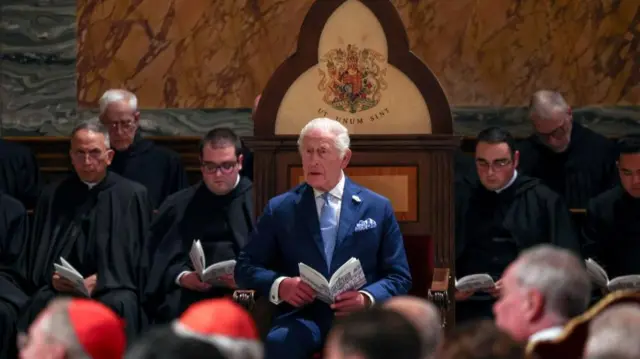 A close up of King Charles in his special chair as he attends a service at the Basilica of St. Paul Outside the Walls