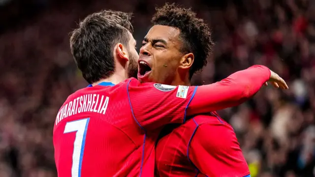 Desire Doue of Paris Saint-Germain celebrates with Khvicha Kvaratskhelia of Paris Saint-Germain after scoring