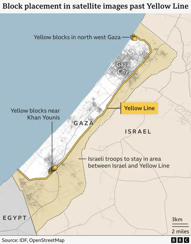 A graphic showing the location of the Yellow Line on maps and where the blocks have been placed.