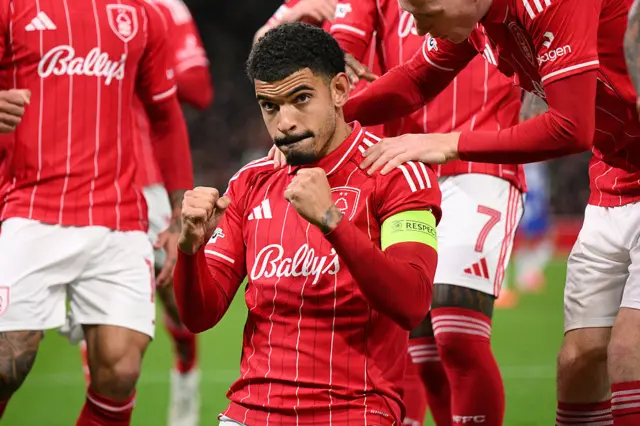 Morgan Gibbs-White celebrates after scoring for Nottingham Forest against Porto at the City Ground.