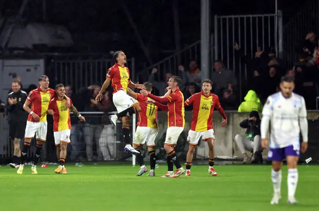 Mats Deijl of Go Ahead Eagles celebrates scoring his team's second goal with teammates