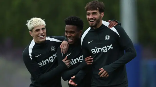 Alejandro Garnacho, Estevao Willian and Marc Guiu during the Chelsea Training session