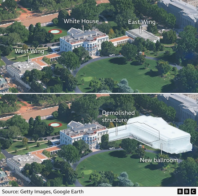 Annotated aerial images showing the White House and East Wing before the latter was demolished (top) and a BBC graphic illustration of the new ballroom superimposed over the previous image Annotated aerial images showing the White House and East Wing before the latter was demolished (top) and a BBC graphic illustration of the new ballroom superimposed over the previous image