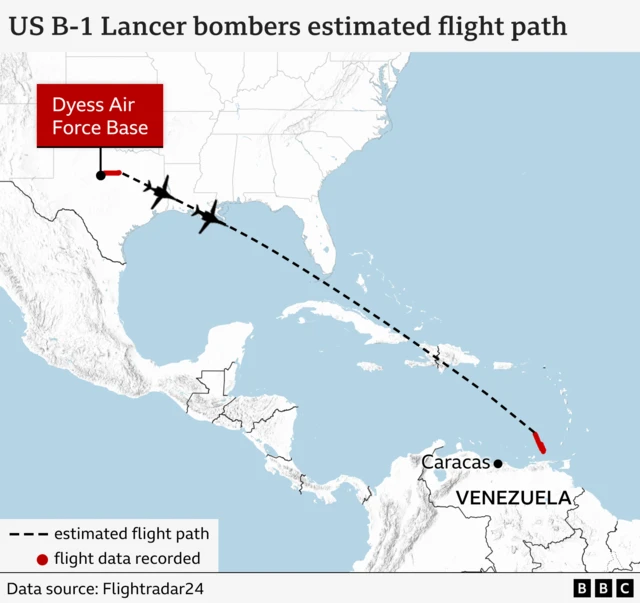 Map showing the estimate flight path of the B-1 bombers from Texas to Venezuela via the Caribbean