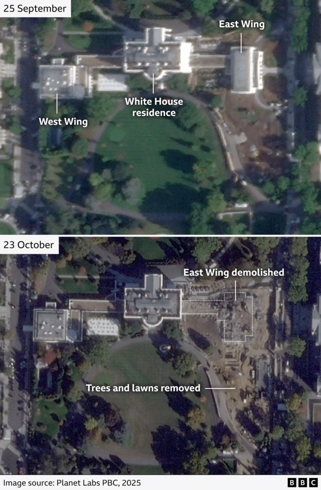Annotated satellite imagery showing the White House on 25 September when the East Wing was intact (top) and on 23 October (bottom) when it had been demolished