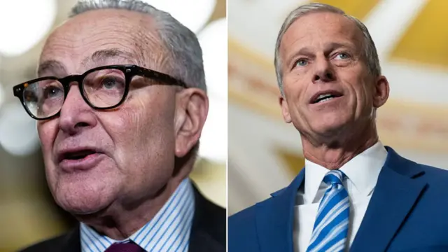 A split image of Senators Chuck Schumer, wearing a black jacket and red tie, and John Thune, wearing a blue suit and tie