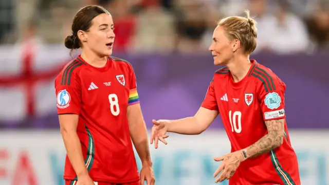 Wales captain Angharad James (L) and Jess Fishlock