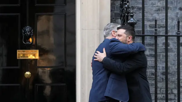 Starmer and Zelensky hugging outside 10 Downing Street