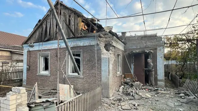 A view of the destruction after the Russian shelling towards Korabelnyi district of Kherson, Ukraine on October 24, 2025.