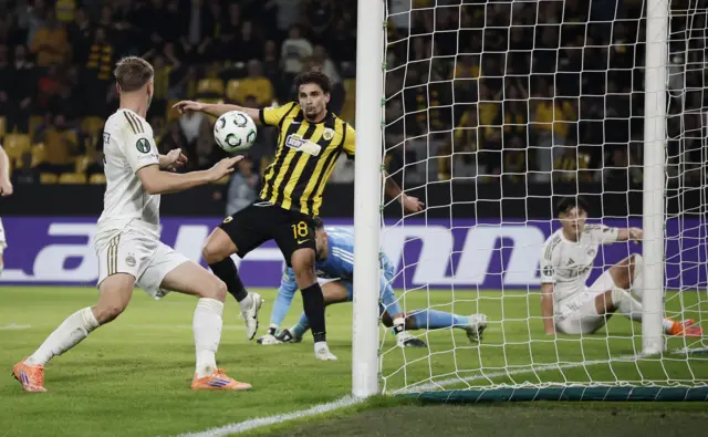 AEK Athens' Razvan Marin scores their fourth goal against Aberdeen