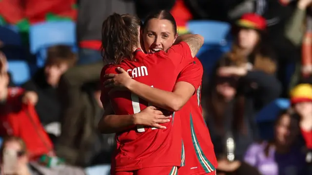 Mared Griffiths celebrates her goal