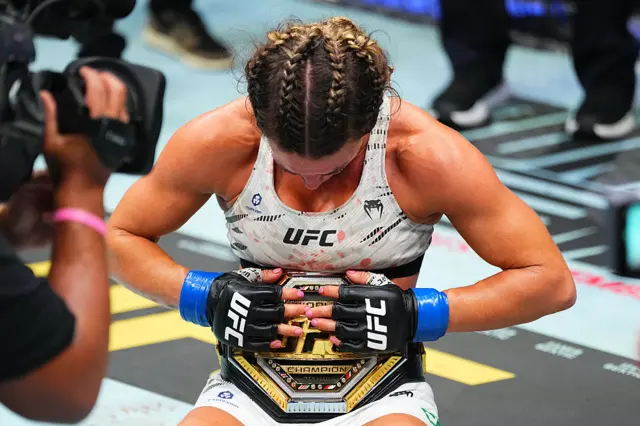 Mackenzie Dern reacts after a victory against Virna Jandiroba
