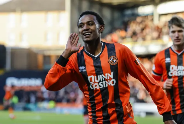Amar Fatah celebrates after scoring for Dundee United against St Mirren