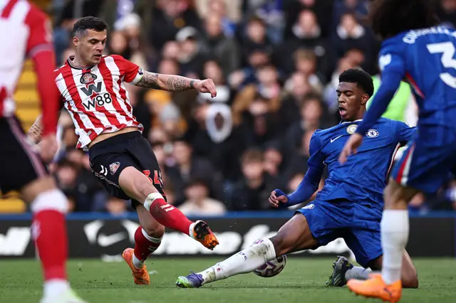 Sunderland midfielder #34 Granit Xhaka attempts a shot