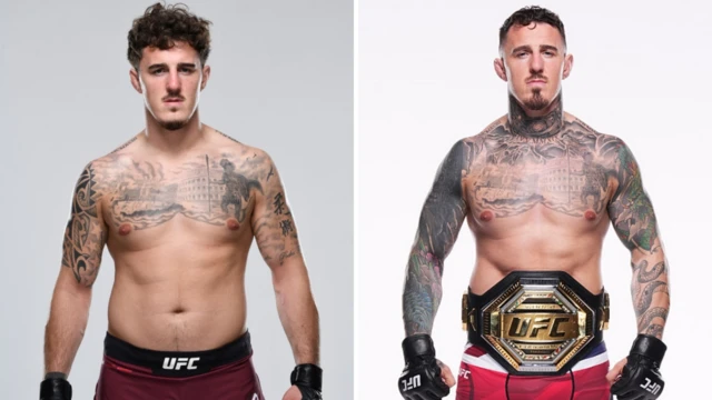 Two images of Tom Aspinall shirtless side by side