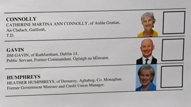 The ballot paper in the Irish presidential election. There are 3 candidates listed with their pictures next to their names - Catherine Connolly, Jim Gavin and Heather Humphreys