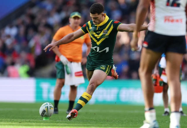 Australia's Nathan Cleary kicks a conversion